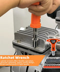 Hand using orange T-ratchet wrench on engine, with sockets set displayed below