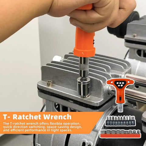 Hand using orange T-ratchet wrench on engine, with sockets set displayed below