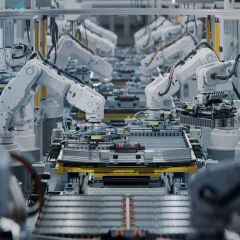 Automated assembly line with robotic arms, suitable for using KW11 3Z N 1NO 1NC Micro Limit Switch Waterproof Miniature Switch 5A 125 To 250VAC.