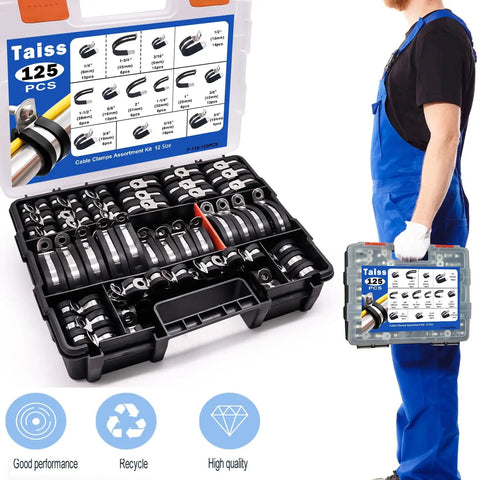 125Piece Cable Clamps Assortment Kit In 12 Sizes From 3/16 In To 2 In With 304 Stainless Steel Rubber Cushioned Wire And Pipe Clamps
