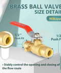 Half Inch Push Fit Ball Valves With Drain, Five Pack Shut Off Valves With Disconnect Clips displayed with brass material details