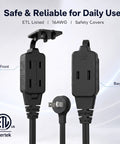 No Hassle Ultra Flat Extension Cord 4 Feet Packs 3 Polarized Outlets and Right Angle Plug, showing front and back view.