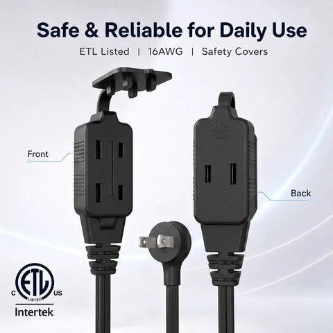No Hassle Ultra Flat Extension Cord 4 Feet Packs 3 Polarized Outlets and Right Angle Plug, showing front and back view.