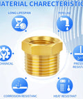 Brass reducer hex bushing pipe fitting, 1/2 in NPT male to 1/4 in NPT female