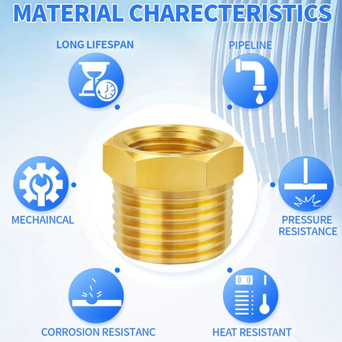 Brass Pipe Fitting Hex Bushing with material characteristics for plumbing and hydraulics, highlighting durability and resistance.