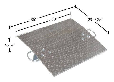 Built Different Aluminum Dock Plate For Two Wheel Hand Trucks 500 Lb Load Rating Loading Bridge Ramp 36 x 30 Inch with textured surface and handles.