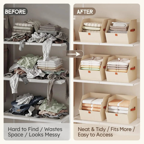Before and after comparison using Fabric Closet Storage Cubes 8 Pack with Dual Handles Square Storage Bins for Clothes Towels Toys Cube Organizers for Bedroom Nursery Shelves and Small Spaces Light Beige.