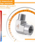 Stainless steel 90-degree pipe elbow, 1/4in NPT male x 1/4in NPT female, two-pack, front view