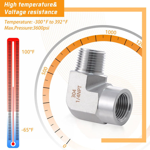 Stainless steel 90-degree pipe elbow, 1/4in NPT male x 1/4in NPT female, two-pack, front view