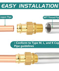 50 Pack Three Quarter Inch Copper Press Male Npt Fittings Premium Lead Free Brass Union Couplings No Sweat Install Without Flux Or Solder Guaranteeing Top Notch Leak Proof Plumbing Performance close-up of copper pipe and brass coupling fitting.