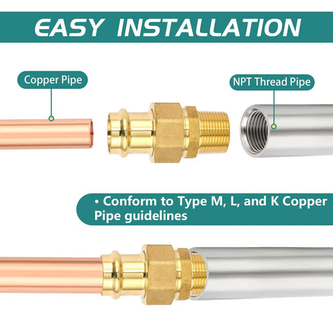 50 Pack Three Quarter Inch Copper Press Male Npt Fittings Premium Lead Free Brass Union Couplings No Sweat Install Without Flux Or Solder Guaranteeing Top Notch Leak Proof Plumbing Performance close-up of copper pipe and brass coupling fitting.