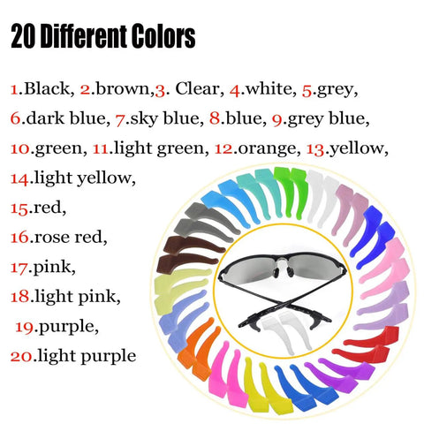 Colorful array of 20 silicone eyewear strap holders surrounding glasses, showcasing the Glasses Ear Grip 20 Pack Of Multicolor Silicone Eyewear Strap Holder For Sports And All Day Comfort Anti Slip Eyeglasses Retainer Keeps Glasses Secure And Comfortable For Kids And Adults.
