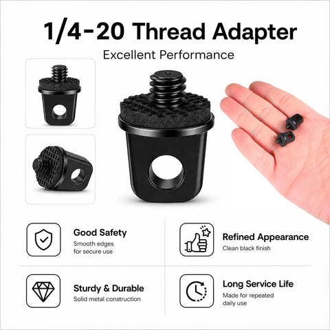 Two Pack 1/4-20 Camera Neck Strap Screws With Rubber Padded Eye Bolts Hella Secure Metal Holder Quick Swap Fits DSLR Straps Wrist Mounts Selfie Sticks And Tripods Backup on display in hand with threaded adapter.
