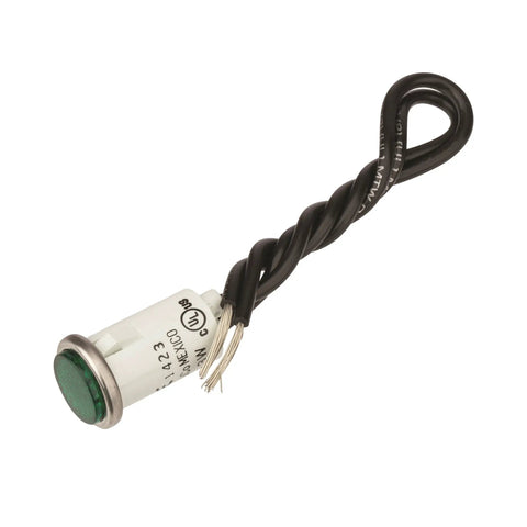 Round Indicator Light With Non Replacable Lamps Press Fit Nylon Housing Polycarbonate Lens 125 Volt UL Listed CSA Certified 6 Inch Wire Leads Great For Electrical Panels And Control Boxes, green lens