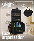 On The Go Travel Toiletry Bag With Ten Compartments Hanging Cosmetic Organizer open showing pockets and zippers
