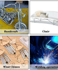 Collage of aluminum tubing uses: a handcrafted motorcycle model, tubular chair, wind chimes, and a welding operation.