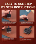 Four-step guide showing Three Piece Prong Punch Tool Set For Leather Crafting Round Hole Punches in use on leather.