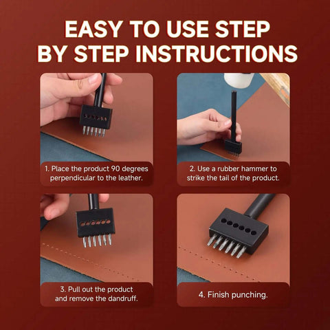 Four-step guide showing Three Piece Prong Punch Tool Set For Leather Crafting Round Hole Punches in use on leather.