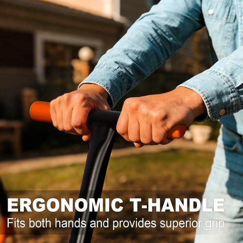 Person gripping ergonomic T-handle of Heavy Duty Pitch Fork 45 Inch Garden Fork With Strong Steel Tines And Long Comfortable Handle