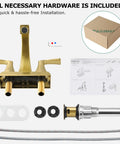 Components of Brushed Gold Two-Handle Bathroom Faucet With Metal Pop-Up Drain And Supply Lines, 4-Inch Centerset, 3-Hole Install.