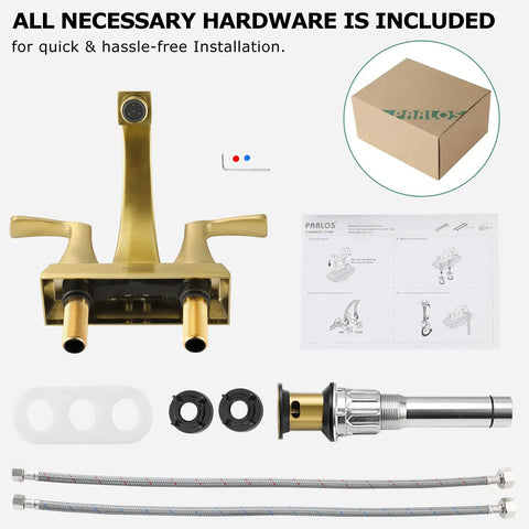 Components of Brushed Gold Two-Handle Bathroom Faucet With Metal Pop-Up Drain And Supply Lines, 4-Inch Centerset, 3-Hole Install.