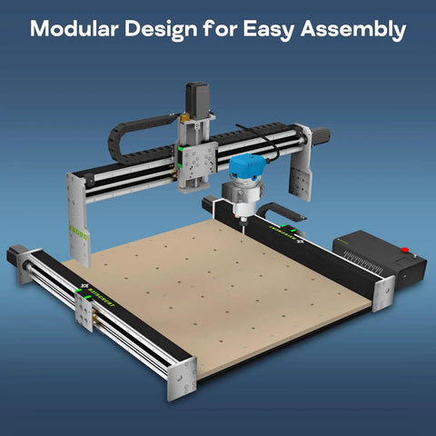3D render of 6060 CNC Router Machine with NEMA 23 closed-loop stepper motors and 710W spindle, dual linear rails for wood and aluminum carving.