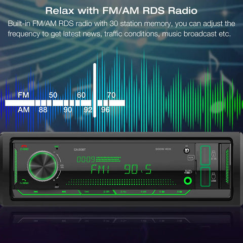 Marine Bluetooth Car Stereo Receiver with Digital LCD Display FM AM Radio USB SD AUX MP3 Player showing FM settings.
