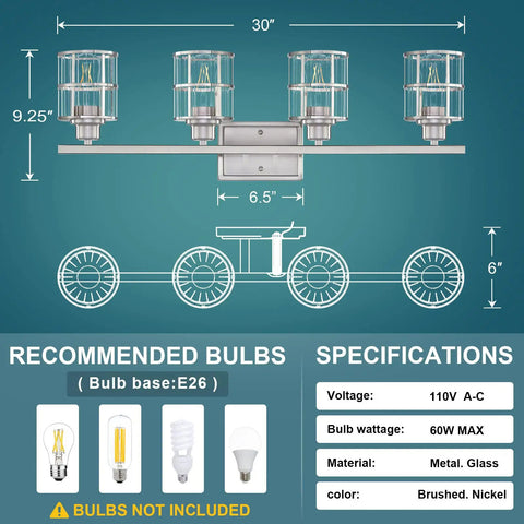 Diagram of 4 Light Brushed Nickel Bathroom Wall Sconce With Clear Glass, Modern Dope Fixture, showing dimensions and specifications