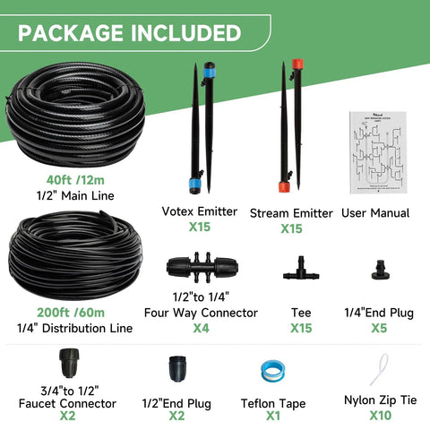 Package contents of 240Ft Drip Irrigation System Kit With 40Ft Of 1/2 Inch Main Tubing And 200Ft Of 1/4 Inch Distribution Tubing