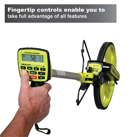 DigiRoller Plus III 12.5 Inch Electronic Distance Measuring Wheel With Large Backlit Display held by hand.