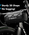 Waterproof Bike Handlebar Bag For Road And Mountain Bikes Front Storage With Shoulder Strap Easy To Clean Artificial Leather Bag For Bikepacking Daily Commute And All Weather Rides shown mounted on black bike, showcasing sturdy 3D shape and no sagging.