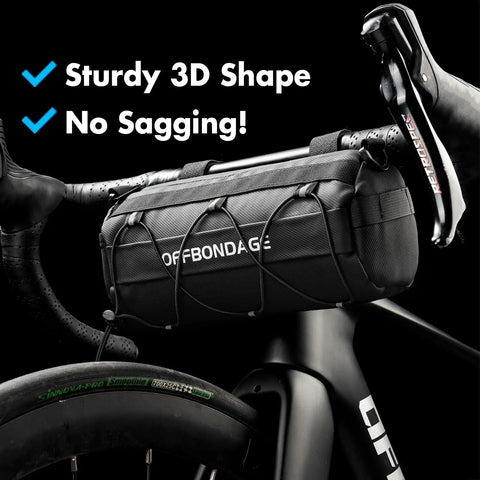 Waterproof Bike Handlebar Bag For Road And Mountain Bikes Front Storage With Shoulder Strap Easy To Clean Artificial Leather Bag For Bikepacking Daily Commute And All Weather Rides shown mounted on black bike, showcasing sturdy 3D shape and no sagging.