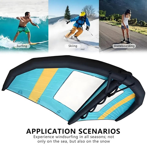 Inflatable Kitesurfing Foil Wing 5m2 For Adults, Durable Oxford Cloth With TPU Reinforcement, shown with surfing, skiing, skateboarding applications.
