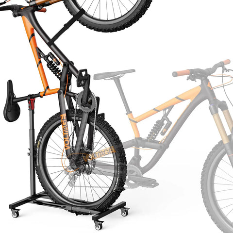 Freestanding Bike Stand With 360 Degree Lockable Wheels, Adjustable Height For Bikes Up To 29 Inches, No Drilling Needed, Holds Up To 80 Lbs, Heavy Duty Bicycle Rack For Garage Or Apartment, Easy Move For MTB And Road Bikes with orange bicycle displayed.
