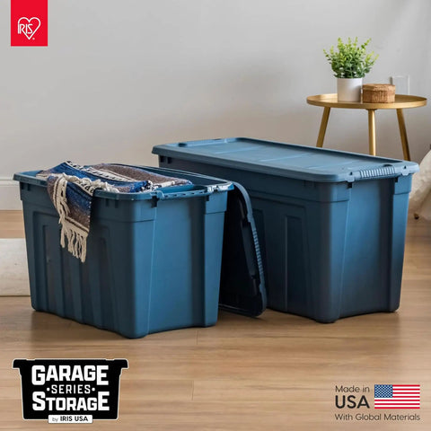 31 Gallon Storage Totes 8 Pack Built Like A Tank Heavy Duty Stackable Bins With Snap On Lids And Easy Grip Handles Eco Friendly Utility Tubs Made In USA Navy bins with blankets, integrated handles, and lids.