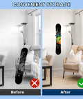 Before and after image showing use of Heavy Duty Snowboard Wall Mount With Slick Pu Rubber Grip To Hold Your Boards Tight For Zero Fuss Garage Storage.