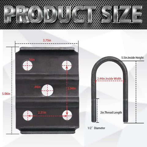 Diagram of Trailer U Bolt Kit For 2-3/8 Inch Round Axle 3500 Lb Capacity showing size details