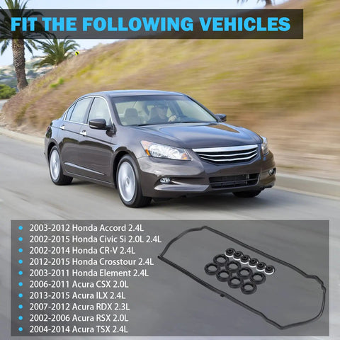 Leak-Proof Valve Cover Gasket Set For 2.0L 2.3L 2.4L Honda Accord Civic CR-V Element Crosstour Acura CSX ILX RDX RSX TSX Replaces VS50614R 12341-R40-A00 Oil Seal Kit That Stops Leaks And Creeping Oil Drips. Fitment chart with Honda Accord and gasket kit.