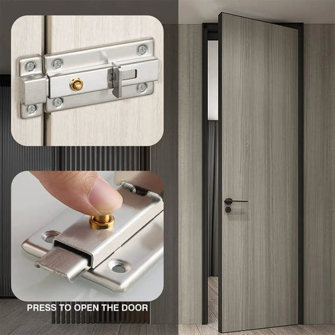 304 Stainless Steel Hasp Gate Lock Door Window Sliding Latch Handle showing latch mechanism on a grey door.