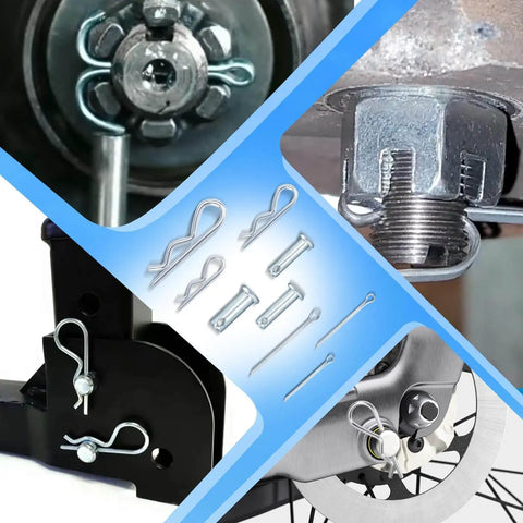 Collage showing close-ups of the 132 Piece Galvanized Steel Clevis Pins Set With 15 Sizes Heavy Duty Assortment Kit in use