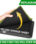 Velcro striker sheet on indoor and outdoor golf practice mat set with replaceable fairway and rough turf mats dual turf design
