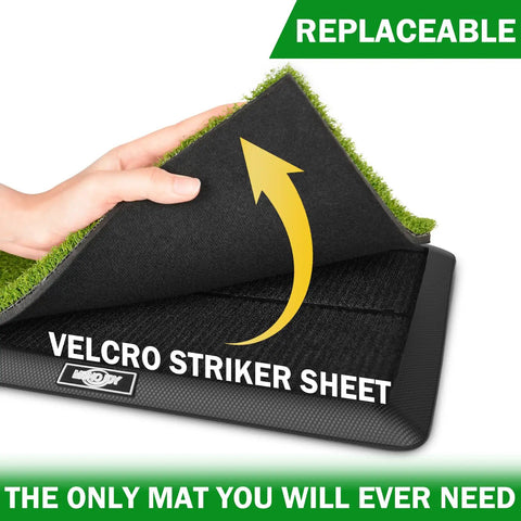 Velcro striker sheet on indoor and outdoor golf practice mat set with replaceable fairway and rough turf mats dual turf design