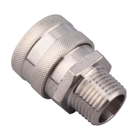 Stainless steel quick-disconnect fitting with 1/2 in male pipe thread and knurled nut