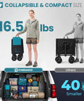 Extra Long Collapsible Wagon With Tailgate, 400 Lb Capacity, woman holding compact folded cart next to storage comparison