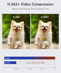 Comparison of H.264 and H.265+ video compression with dog image, highlighting storage efficiency for all in one 16 channel HD TVI security camera system with DVR and 12 outdoor 2MP cameras smart dual light AI human and vehicle detection color night vision digital WDR IP67 weatherproof 2 TB hard drive plug and play.