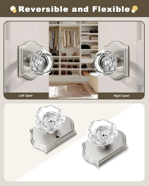 Clear Octagon Crystal Glass Door Knob Kit With Keyless Passage Handle for Hallway, Closet, Pantry, Satin Nickel Arched Rosette