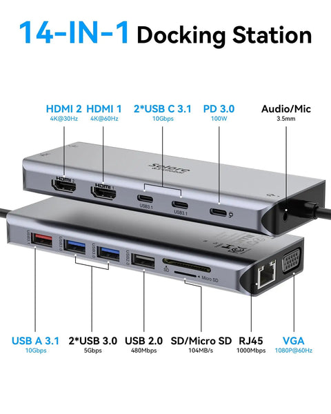 Triple Display USB C Docking Station For Laptops And Windows, 3 Monitors With 2 HDMI And VGA, front and side view with ports