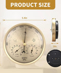 Three In One All Season Weather Station With Thermometer Barometer Hygrometer Indoor Outdoor Temperature Humidity And Pressure Monitor shown in gold with dimensions