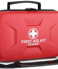 Gevoke red waterproof hard-shell first aid kit with black adjustable strap and handle