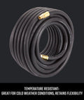 Heavy Duty Rubber Air Hose Three Eighths Inch By Fifty Feet, 300 PSI, depicted coiled with brass fittings, temperature resistant